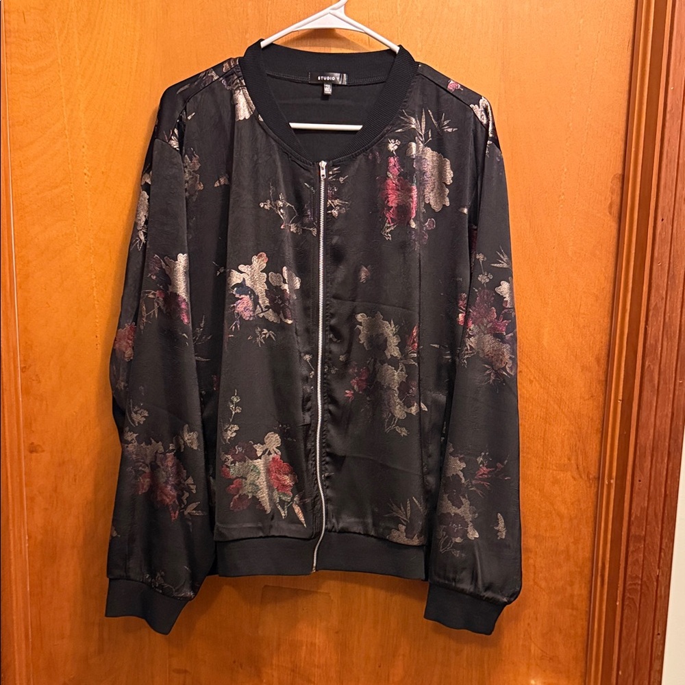 Studio Y Black Floral Satin Bomber Jacket